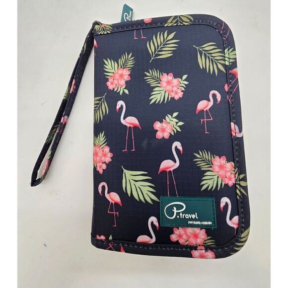 P.Travel Flamingo & Leaf Print Passport Holder Wallet - Picture 1 of 4